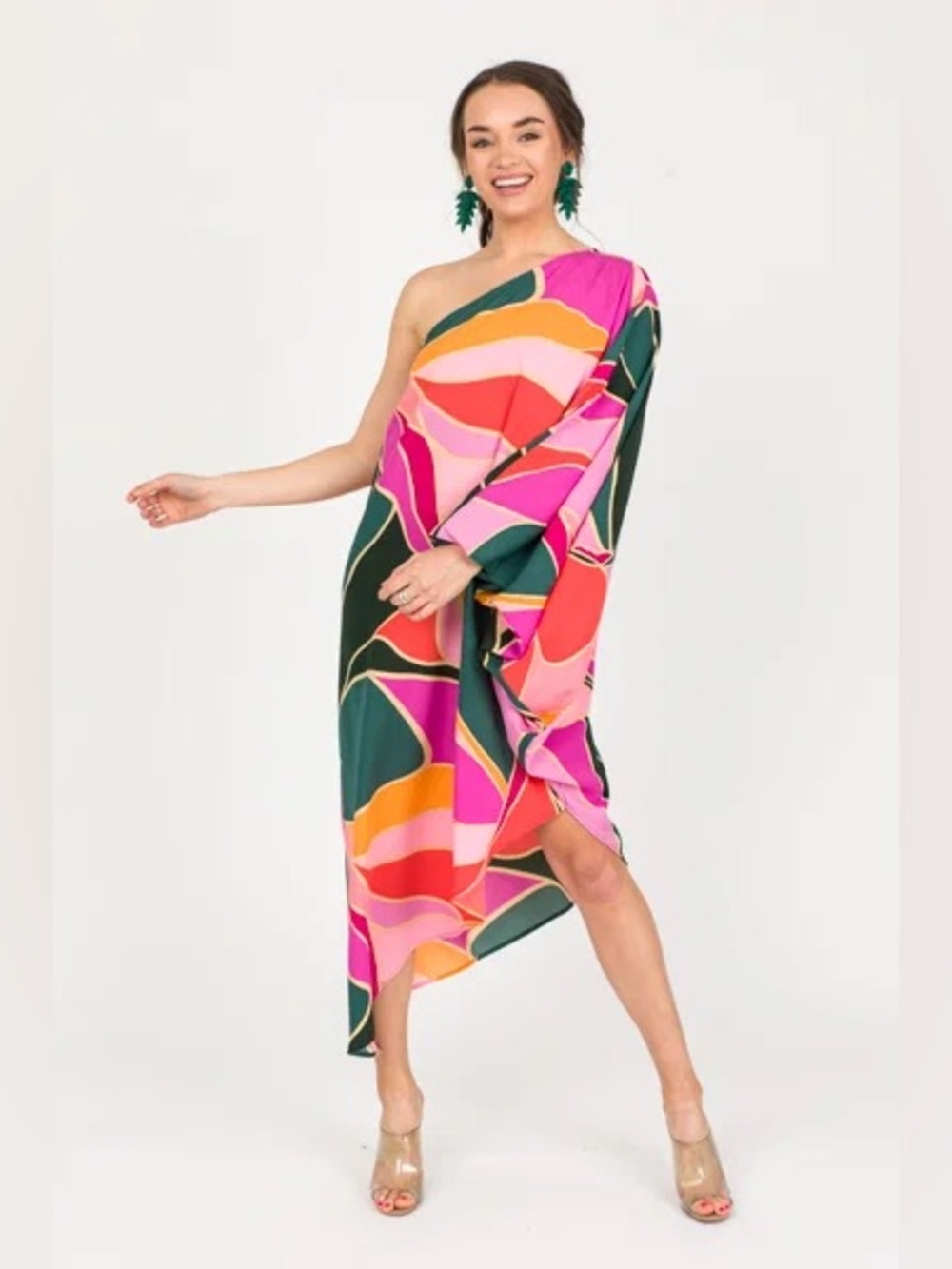 One-Shoulder Abstract Floral Midi Dress in Pink & Green